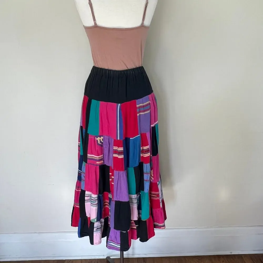 VTG Boho Handmade Upcycled tapestry Patchwork midi Skirt Women’s Guatemalan 60s
